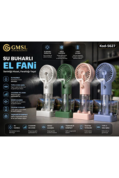 GMSL Mini Buharlı El Fanı Type-C Şarjlı Telefon Standlı Su Hazneli Taşınabili...