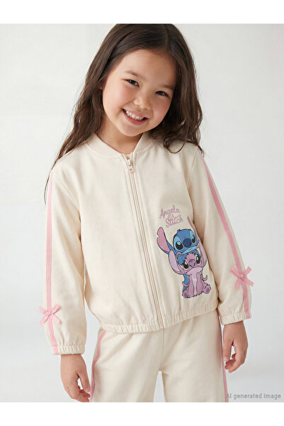 LC Waikiki Girls' Zip-Up Sweatshirt with Stitch and Angel Print