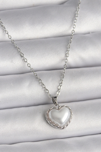 özssa 316L Steel Silver Color Chain 3D Pearl Heart Model Women's Necklace