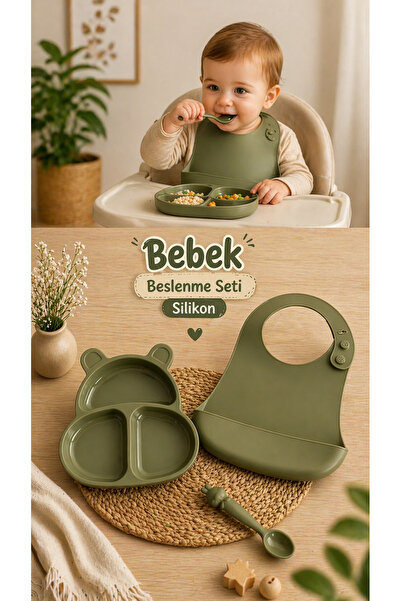 PONÇİK BEBEK Bebek Silikon Beslenme Seti Tabak - Önlük - Kaşık - 3Parça