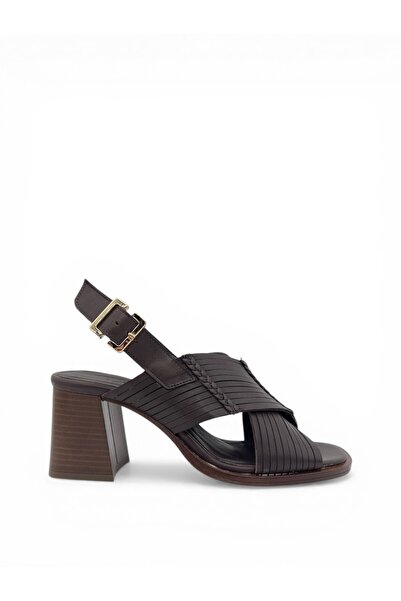 Vieris Shoes Koyu Kahve Hakiki Deri Örgü Detaylı Kalın Topuklu Casual Kadın S...
