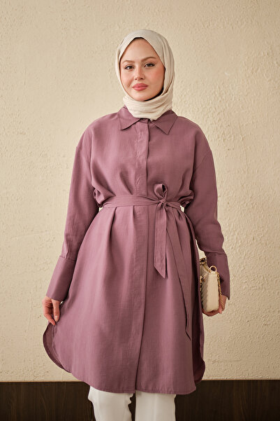 LOCCO Women's Waist-Tied Long Shirt with Hidden Buttons, Plum Color