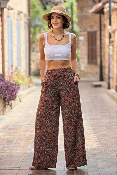 Nevin Kaya Moda Παντελόνι Palazzo με σχέδιο χακί τσινέ, 100% βαμβάκι