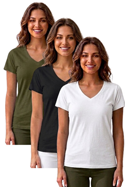 THIFF GYMWEAR Γυναικείο κοντομάνικο μπλουζάκι με λαιμόκοψη V, βασικό σετ 3 τε...