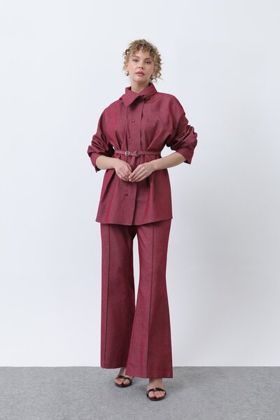 Loreen Kadın Kruvaze Yaka Kemer Detaylı Pantolonlu Denim Takım - 20652TKS - B...