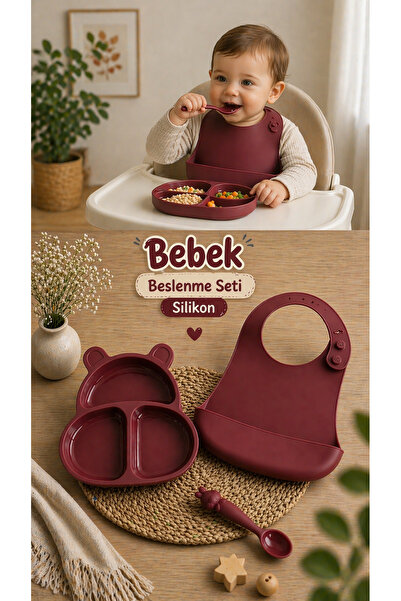 PONÇİK BEBEK Bebek Silikon Beslenme Seti Tabak - Önlük - Kaşık - 3Parça
