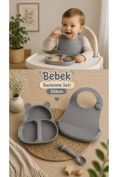 PONÇİK BEBEK Baby Silicone Feeding Set Plate - Bib - Spoon - 3 Pieces