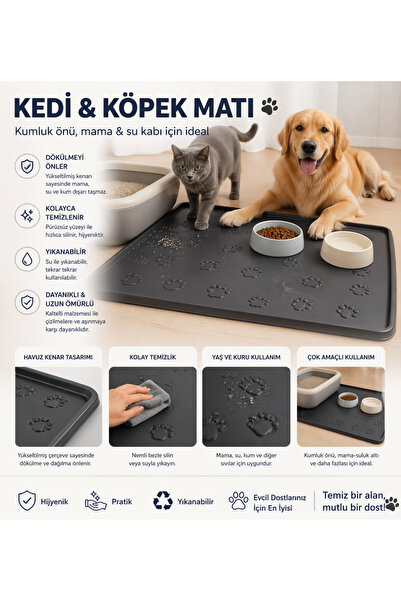 Kum Ve Mama Matı Havuzlu Yıkanabilir Kedi Tuvaleti Önü Kedi Kumu Paspası Köpek Mama Altlığı 40x60