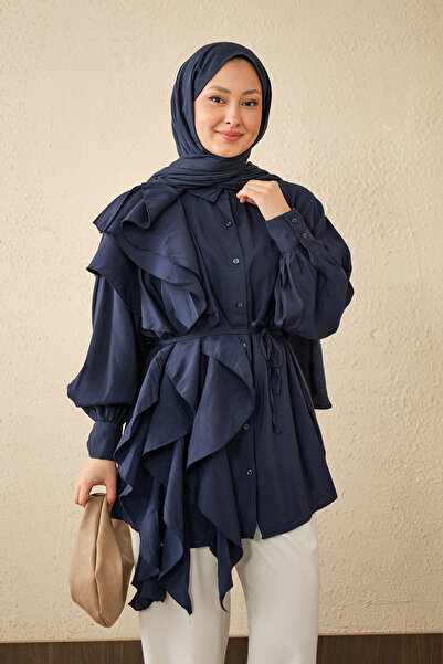 LOCCO Women's Flounce Lace-Up Shirt Navy Blue