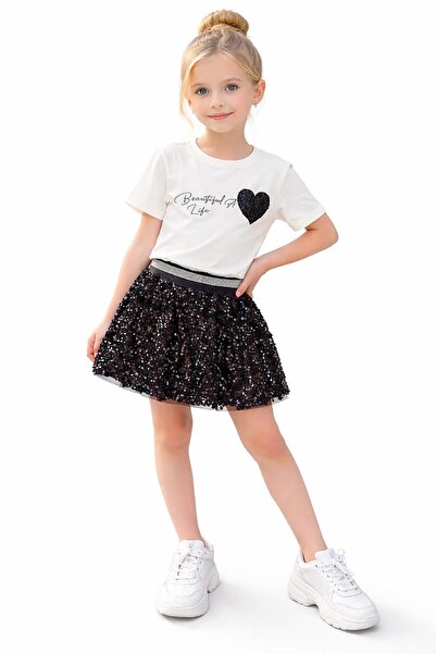 Bambam Κοριτσίστικο Σετ Φούστας με Μαύρες Παγιέτες – Λευκό Μπλουζάκι με Λεπτο...