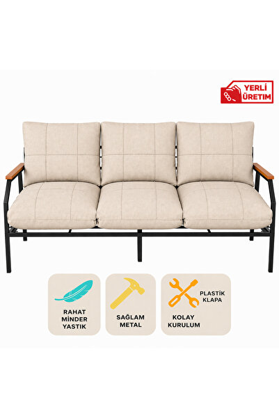 UFUK HOME Linda 3’lü Koltuk Bej – Metal İskeletli Plastik Kolçaklı Minderli M...