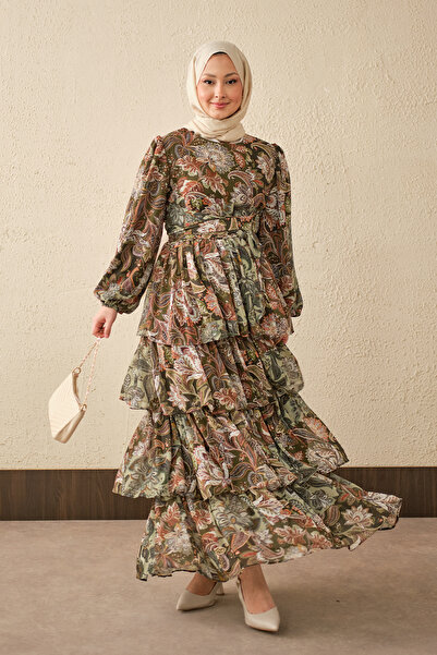 LOCCO Women's Ethnic Pattern Waist Tie Dress Khaki Green