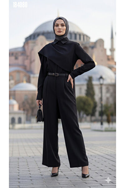 moda wanilia Women's Long Sleeve Shawl Detailed Blouse Pants Belted Two-Piece...