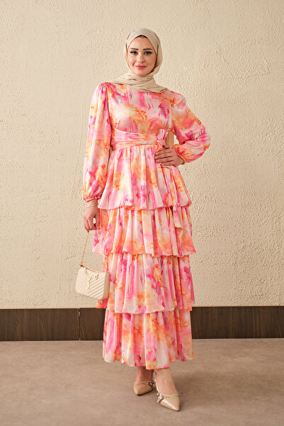 LOCCO Γυναικείο φόρεμα με μικτό σχέδιο, δεμένο στη μέση, σατέν, ροζ