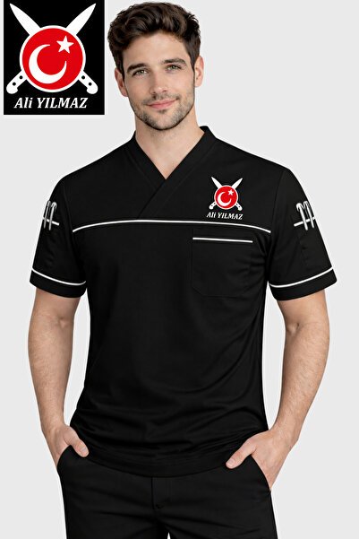 Üniformanya Μαύρο κοντομάνικο μπουφάν μάγειρα με την τουρκική σημαία και κέντ...