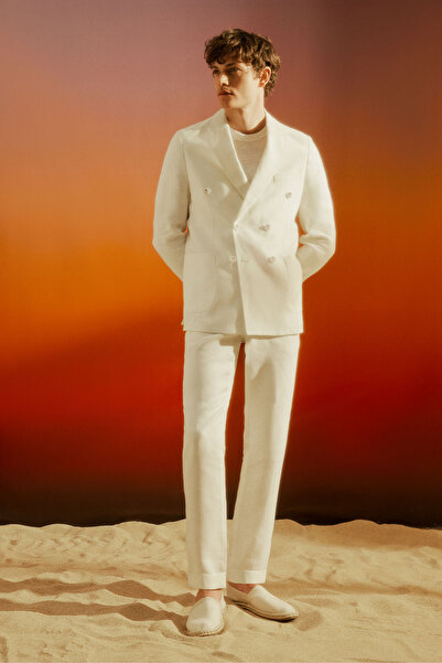 ALTINYILDIZ CLASSICS Ανδρικό εκρού 100% λινό κοστούμι με λεπτή εφαρμογή, γιακ...