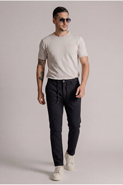 BRACCAS Men's Black Slim Fit Lace-Up Cotton Trousers with Half Elastic Waist