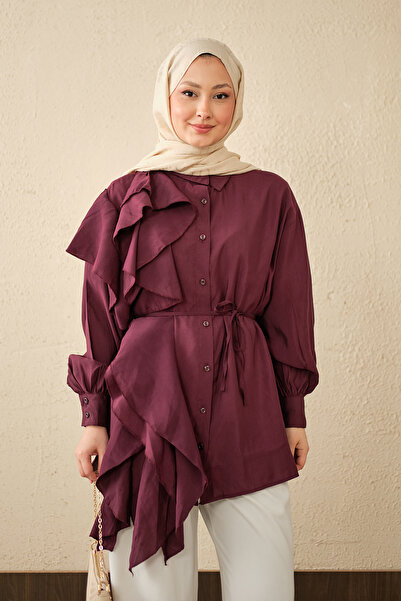 LOCCO Women's Flounced Lace-Up Shirt, Plum