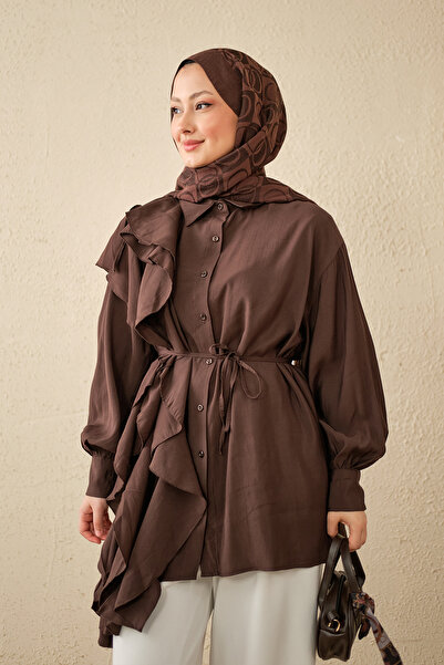 LOCCO Women's Flounce Lace-Up Shirt Brown