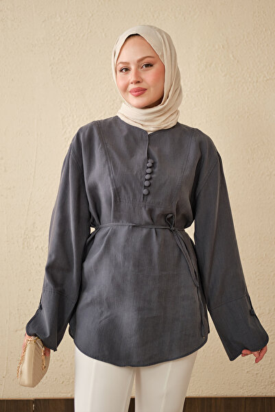 LOCCO Women's Front Buttoned Waist Tied Tunic Anthracite