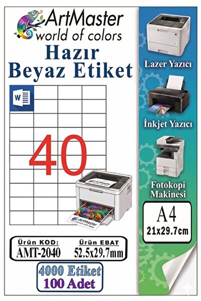 Artmaster A4 Ready White Label 52.5X29.7Mm 100 Sheets 1 Pack of 40 Self-Adhes...