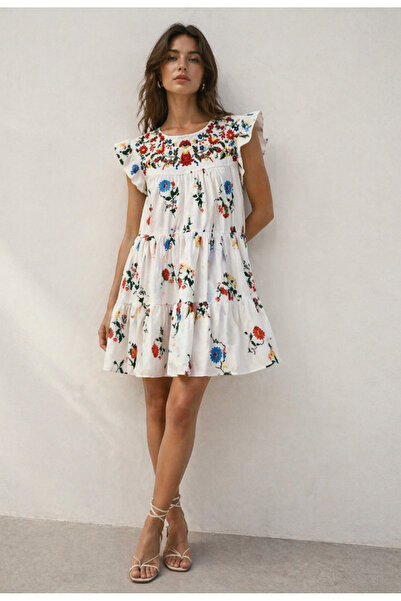 Nobrand Λευκό φόρεμα XL με φλοράλ κέντημα στο λαιμό και έγχρωμη στάμπα – μποέ...