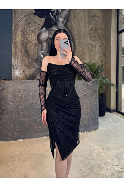 missswans Layra Korseli Boncuk İşlemeli Önü Yırtmaçlı Midi Boy Abiye Siyah