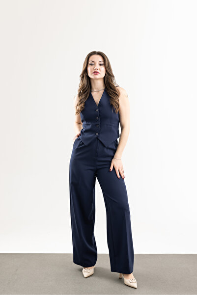 TUĞBA ERGÜL Γυναικείο Σετ Παντελόνι με Γιλέκο από Διπλό Ύφασμα με Κουμπιά