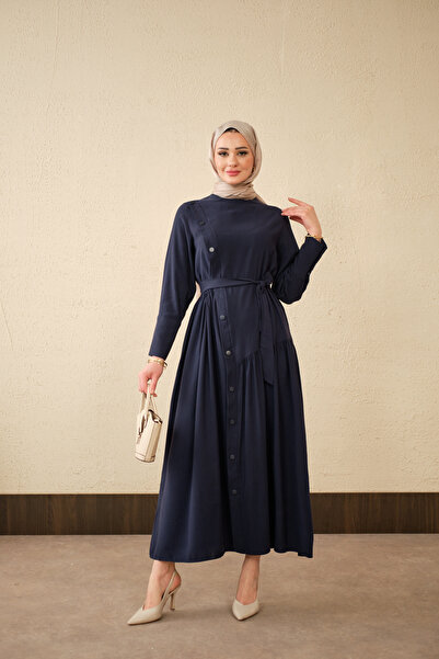 LOCCO Γυναικεία φούστα με κουμπιά, φόρεμα με κορδόνι στη μέση, σκούρο μπλε