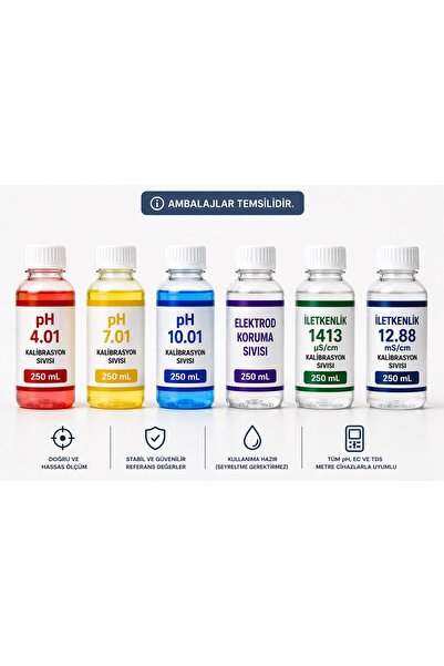 teknoistanbul pH 4.01 - 7.01 - 10.01 - Elektrod Koruma - 1413 µS/cm - 12.88 mS/cm Kalibrasyon Sıvısı (250 mL Set)