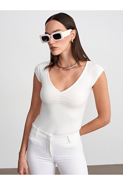 Dilvin 32843 Κοντομάνικο μπλουζάκι με κορδόνι - Εκρού