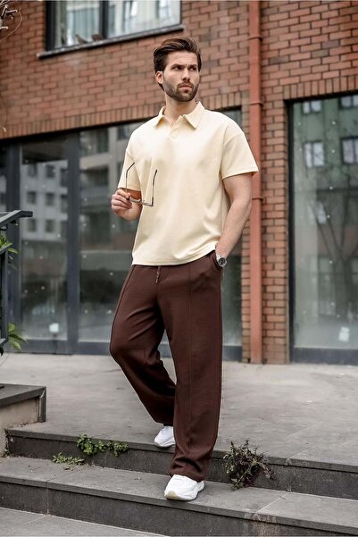 Madmext Μπεζ ανδρικό μπλουζάκι με γιακά πόλο, oversized, E7185