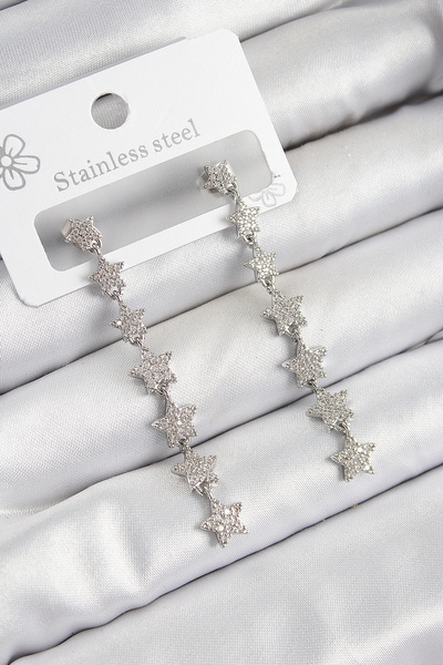 özssa Brass Zircon Stone Dangle Star Model Silver Color Women's Earrings