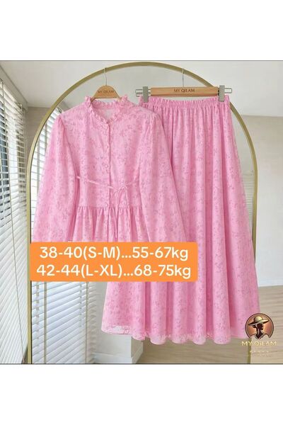 MY QILAM Women's Hijab Flocked Patterned Skirted Two-Piece Set with Lace Deta...