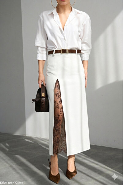 solena sln Γυναικεία μακριά υφασμάτινη φούστα με λεπτομέρεια σκίσιμο και λευκ...