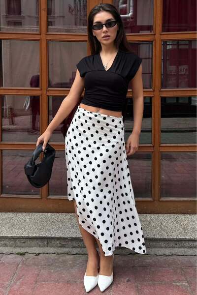 Madmext Λευκή Ασύμμετρη Γυναικεία Φούστα Πουά MG2785