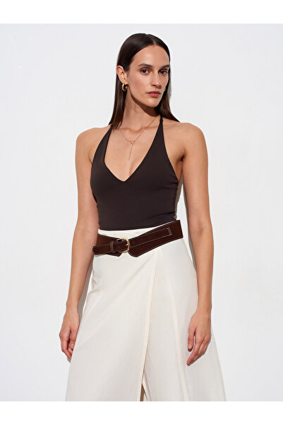 Dilvin 21175 Ολόσωμο κορμάκι με λαιμόκοψη halter - Σκούρο καφέ