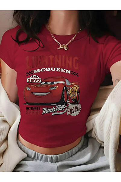 ZAVIXO ΓΥΝΑΙΚΕΙΟ Μπλουζάκι Crop Στενής Γραμμής με Βασικό Σχέδιο Καρτούν Αυτοκ...