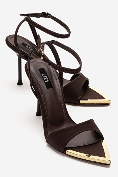 Lizy Shoes Γυναικεία καφέ σατέν κομψά βραδινά σανδάλια με λεπτό τακούνι και λ...