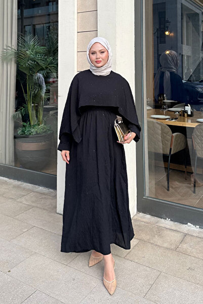 LOCCO Γυναικείο φόρεμα με λεπτομέρεια σε στυλ κάπας, ριγέ, μαύρο