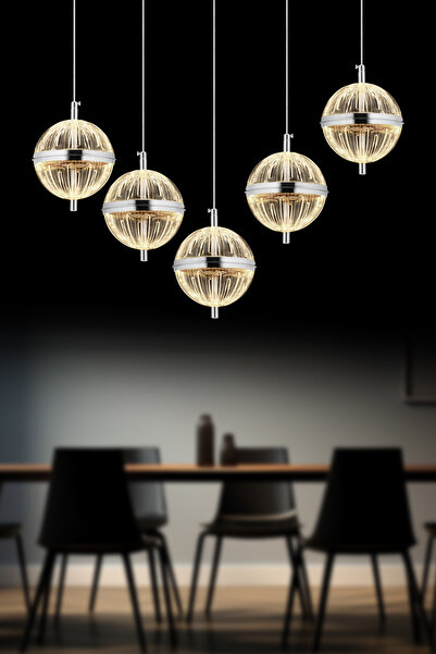 Luxira Aydınlatma Küre Yemek Masası 5'li Gümüş 3 Renk Led Modern Ledli Avize
