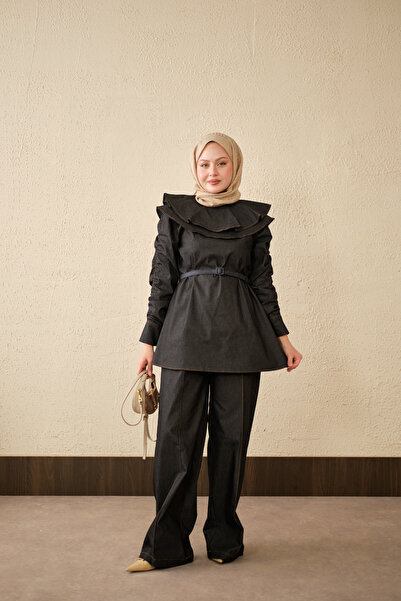 LOCCO Γυναικείο κοστούμι τζιν με γιακά και κορδόνι στους μανίκια, με δεμένη ζ...