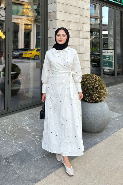 LOCCO Γυναικείο φόρεμα πουά με δέσιμο στο πλάι, λευκό