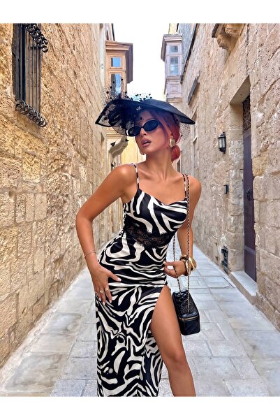 LOKADI Μακρύ φόρεμα με σχέδιο ζέβρας και σκίσιμο από μικρούχο ύφασμα - Φόρεμα...