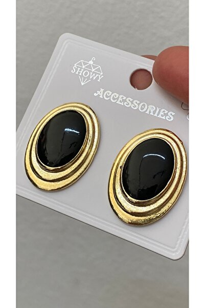 Kadın Büyük Vintage Gold Küpe – Ortası Siyah Taşlı, Retro Şık Tasarım, Gösterişli Aksesuar
