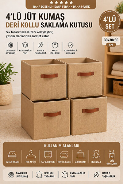 limocca home textile Katlanır Jüt Kumaş Saklama Kutusu 4'Lü SET Organizer, Do...