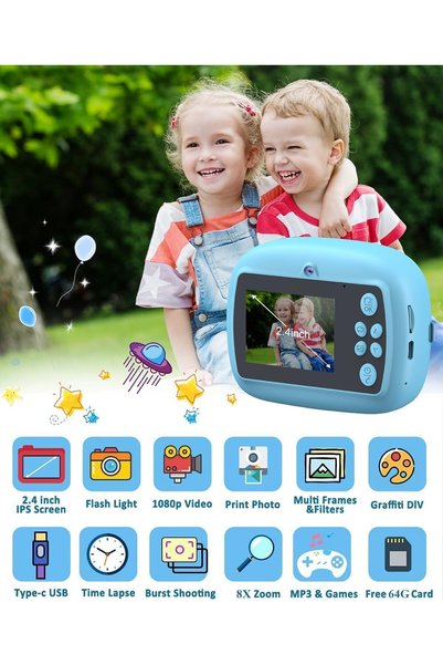 Generic NB Kids Instant Print Camera featuring 1080P HD photo capture, thermal inkless printing technology, astronaut-inspired design, DIY coloring photo kit, portable digital photography functions