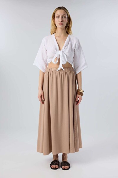 İpekçi Otantik Viscose Linen Blend Segmented Long Bell Skirt