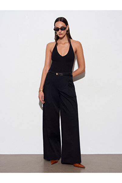 Dilvin 72666 Παντελόνι με φαρδιά μπατζάκια και πιέτες-Μαύρο