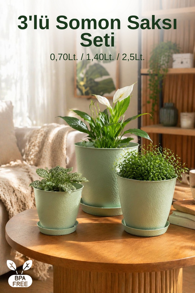 Nandy Home 3’lü Somon Saksı Seti 0,70 / 1,40 / 2,5 Lt Alt Tablalı Saksı